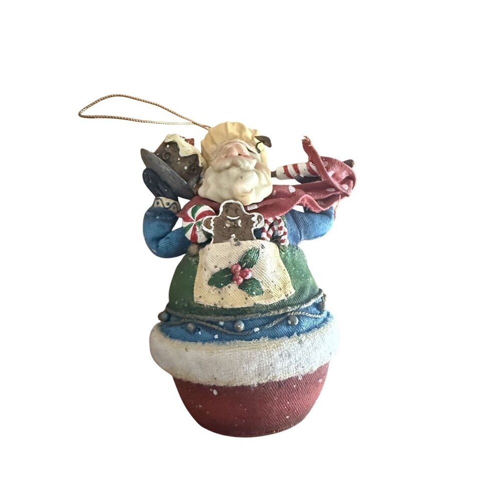 Vtg Whimsical Santa Claus Figurine Ornament With Fabric & Resin "Baking Sweets"